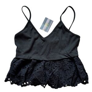 Black Eyelet Peplum Crop Top Spaghetti Strap Lace Tank Top ribbed size Medium